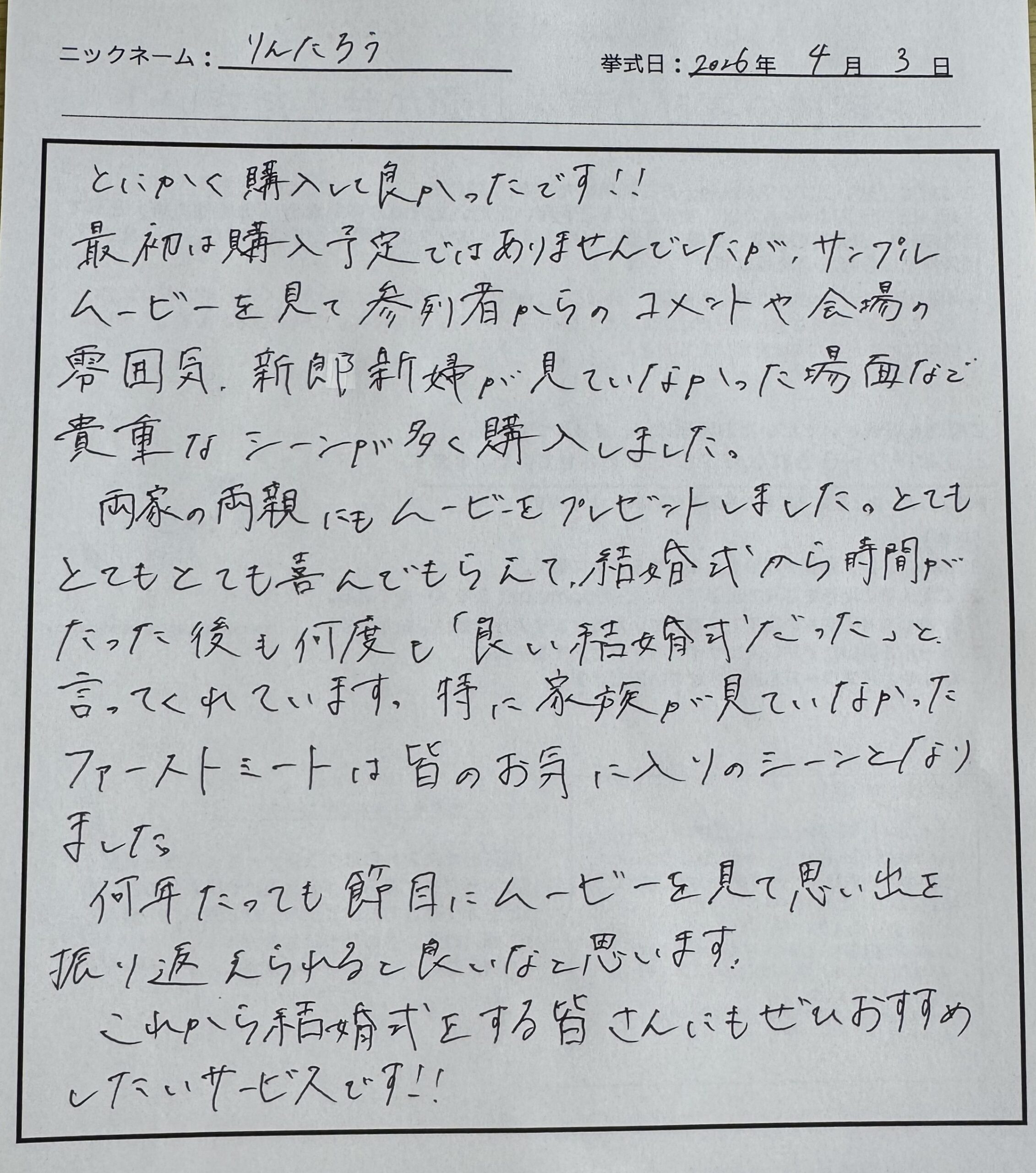 新郎新婦が見ていなかった場面など貴重なシーンが多く購入しました