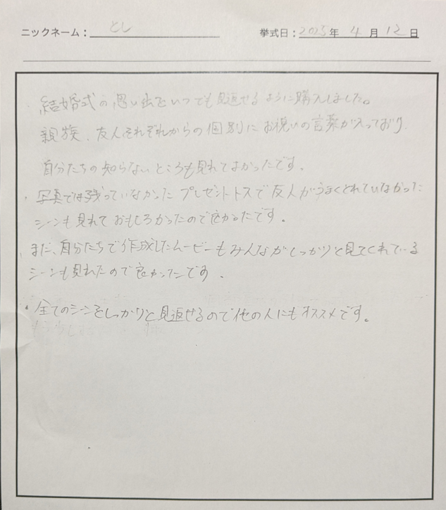 結婚式の思い出をいつでも見返せるように購入しました。